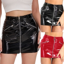 Street Fashion Artificial Leather Zipper Mini Skirt