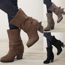Fashion Block Heeled Buckle Boots