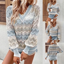 Fashion Contrast Color Wave Pattern Knitted Sweater
