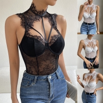 Sexy Lace Spliced Front Cutout Sleeveless Bodysuit