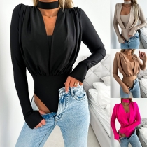 Fashion Solid Color Halterneck Long Sleeve Bodysuit