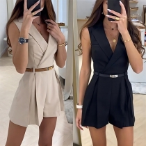 Fashion Solid Color Sleeveless Notch Lapel V-neck Romper Without Belt