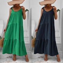 Casual Solid Color V-neck Sleeveless Tiered Loose Dress