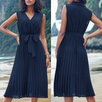 Fashion Solid Color V-neck Sleeveless Self-tie Pleated Dress
