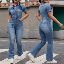 Street Fashion Old-washed Short Sleeve Buttoned Straight-cut Denim Jumpsuit