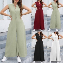 Fashion Comfy Front Buttoned Round Neck Sleeveless Wide-leg Jumpsuit