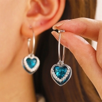 Vintage Blue Rhinestone Heart Shape Pendant Drop Earrings