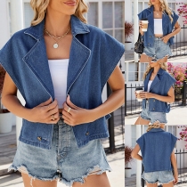 Street Fashion Notch Lapel Double-breasted Sleeveless Denim Vest