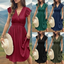 Fashion Solid Color Ruffled V-neck Cinch Waist Pleated Dress
