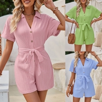 Casual Solid Color Stand Collar V-neck Short Sleeve Button Self-tie Romper
