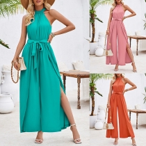 Fashion Solid Color Halterneck Sleeveless Self-tie Slit Wide-leg Jumpsuit