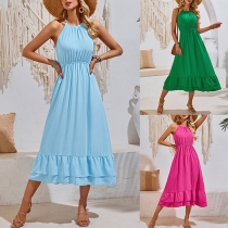 Fashion Solid Color Halterneck High Waist Midi Dress