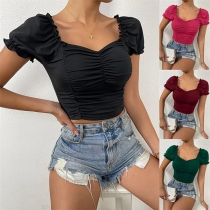 Vintage Puff Short Sleeve V-Neck Ruched Crop Shirt