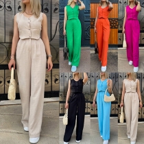 Fashion Solid Color Two-piece Set Consist of Crop Top and Straight-cut Pants