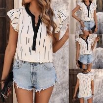 Fashion Irregular Stripe Printed V-neck Ruffled Sleeve Shirt