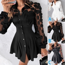 Fashion Lace Spliced Long Sleeve Front Buttoned Shirt Dress
