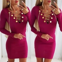 Fashion Chain Lace-up V-neck Long Sleeve Bodycon Dress
