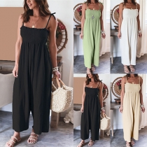 Casual Solid Color Smocked Loose Cami-jumpsuit