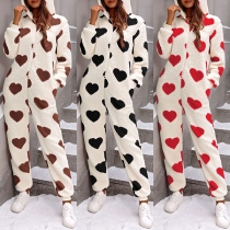 Fashion Heart Printed Plush Hooded Jumpsuit