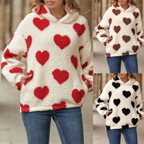 Fashion Heart Printed Hooded Long Sleeve Plush Sweatshirt