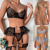 Sexy Floral Embroidery Chain Cut Out Three-piece Lingerie Set