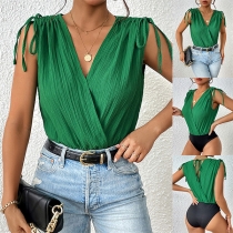 Sexy Solid Color Drawstring Shoulder Sleeveless V-neck Bodysuit