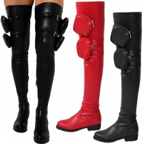 Street Fashion Round-toe Block Heeled Side Pockets Artificial Leather PU Over-the-knee Boots
