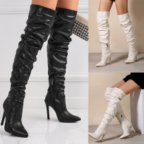 Street Fashion Pointed-toe High-heeled Ruched Artificial Leather PU Over-the-knee Boots