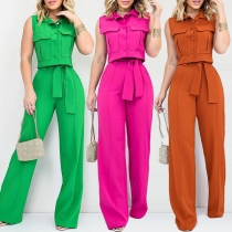 Street Fashion Solid Color Two-piece Set Consist of Crop Top and Self-tie Wide-leg Pants