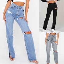 Fashion Old-washed Ripped Slit Straight-cut Jeans Denim Pants