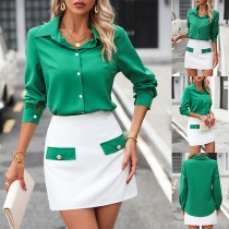 Fashion Contrast Color Suit Two-piece Set Consist of Green Blouse and White Mini Skirt