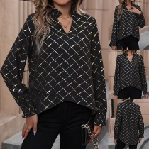 Fashion Contrast Color Diamond Printed V-neck Long Sleeve High-low Hemline Shirt