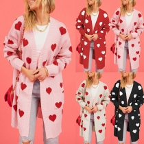 Fashion Heart Printed Long Sleeve Knitted Cardigan