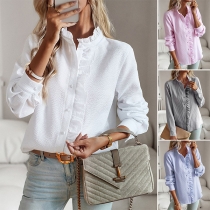 Fashion Solid Color Ruffled Mock Neck Long Sleeve Blouse