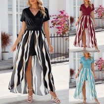 Street Fashion Contrast Color Printed V-neck Short Sleeve Slit High-low Hemline Dress