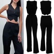 Fashion Black Two-piece Set Consist of Crop Vest and Straight-cut Pants
