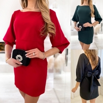 Elegant Solid Color Square Neck Elbow Sleeve Backless Bowknot Mini Dress