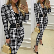 Elegant Contrast Color Checkered Two-piece Suit Set Consist of Lapel Blazer and Pants