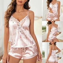 Fashion Comfy Lace Spliced Floral Printed Two-piece Pajamas Set