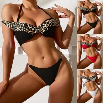 Sexy Contrast Color Leopard Printed Chain Two-piece Bikini Set