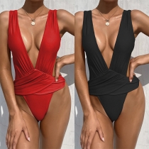 Sexy Plunge V-neck Backless Solid Color Monokini