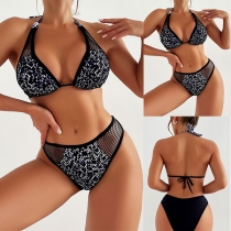 Sexy Mesh-net Spliced Halterneck Two-piece Bikini Set