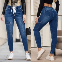 Fashion Side Patch Pockets Drawstring Elastic Old-washed Denim Skinny Jeans