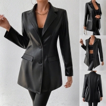 Fashion Solid Color Notch Lapel Long Sleeve Artificial Leather PU Jacket