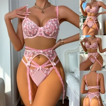 Sexy Floral Embroidered Three-piece Lingerie Set