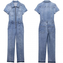 Street Fashion Stand Collar Short Sleeve Front Zipper  Wide-leg Old-washed Denim Jumpsuit