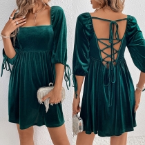 Casual Solid Color Square Neck Backless Lace-up Elbow Sleeve Mini Dress