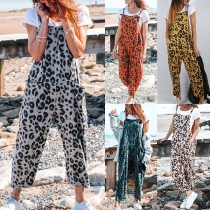 Casual Leopard Printed Patch Pockets Loose Jumpsuit