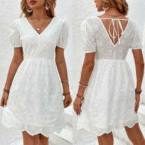 Sexy Hollow Out V-neck Short Sleeve Backless Mini Dress