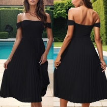Sexy Solid Color Off-the-shoulder Short Sleeve Pleated Dress